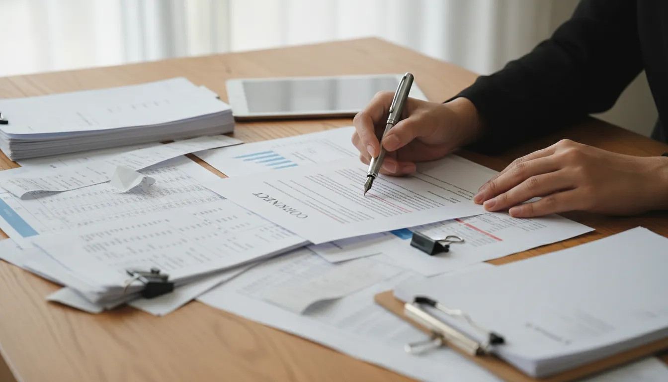 Mãos conferindo contratos bancários e recibos, destacando pontos importantes com organização.