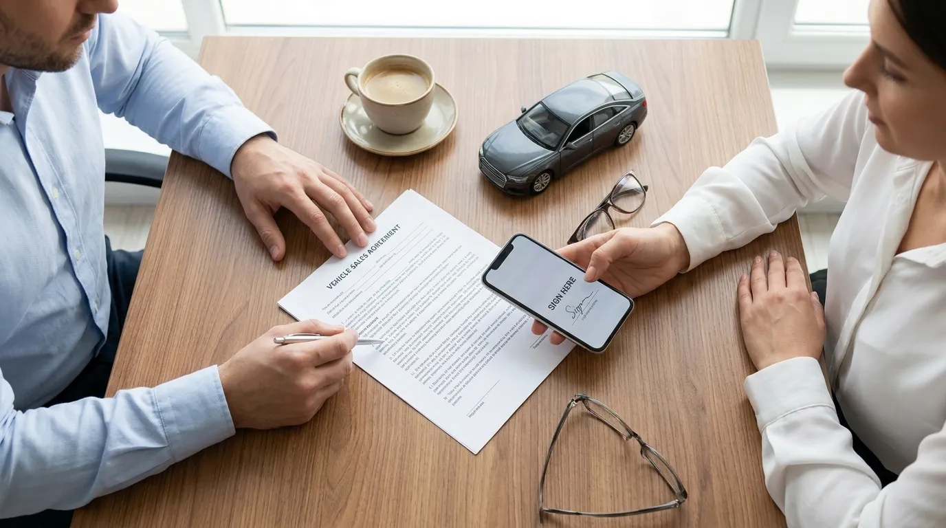 Contrato sobre mesa para transferência de veículo financiado entre duas pessoas.