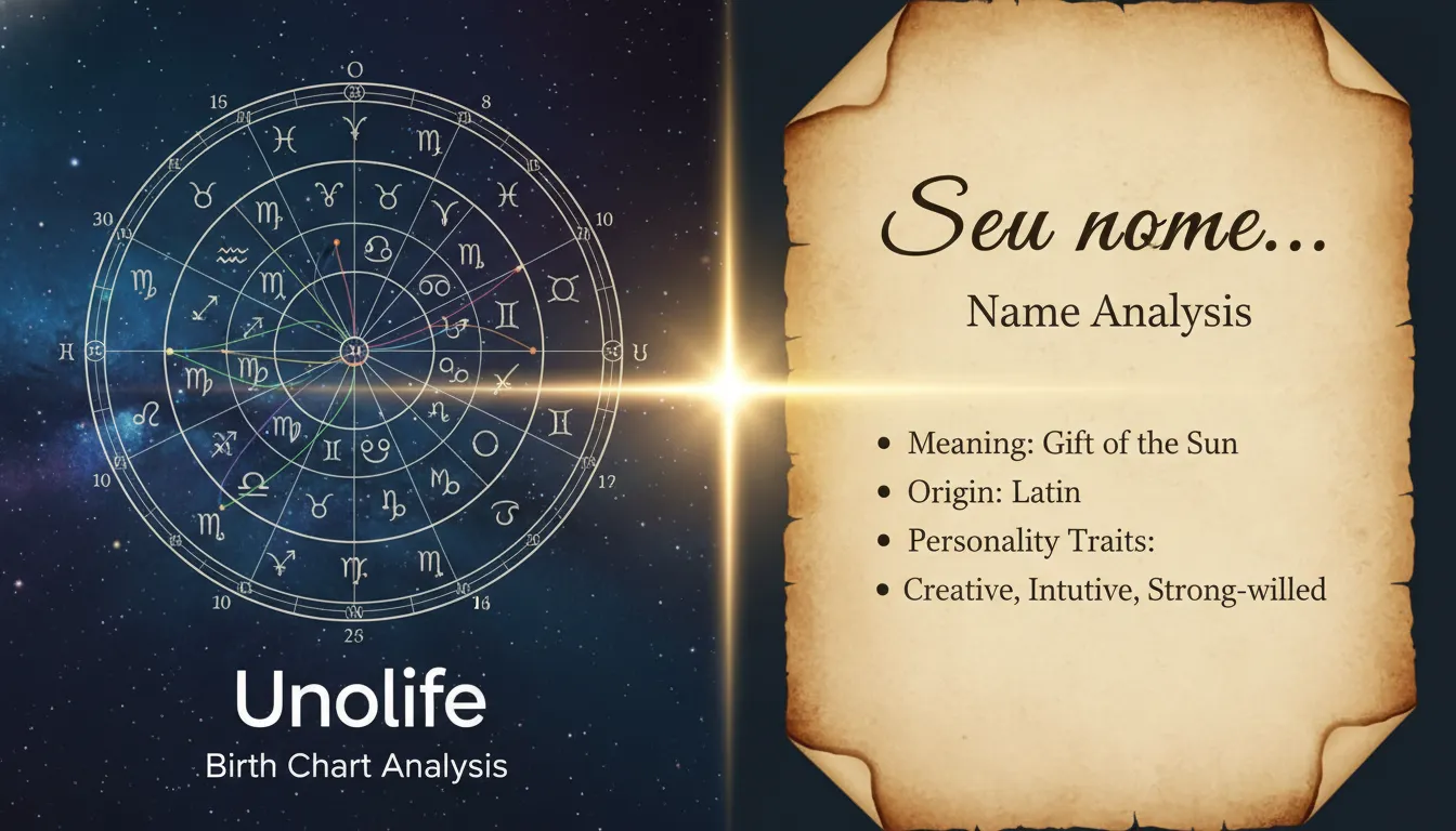 Gráfico mostrando a conexão entre a análise do nome e a data de nascimento na numerologia do nome. Ilustração da análise numerológica completa.