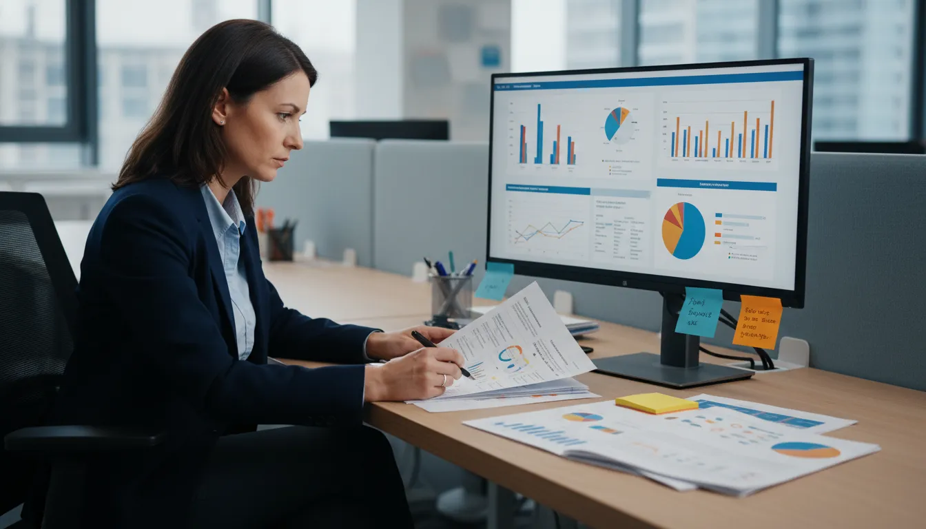 Gerente analisando gráficos da pesquisa de clima organizacional, buscando insights para melhorar o ambiente da empresa.