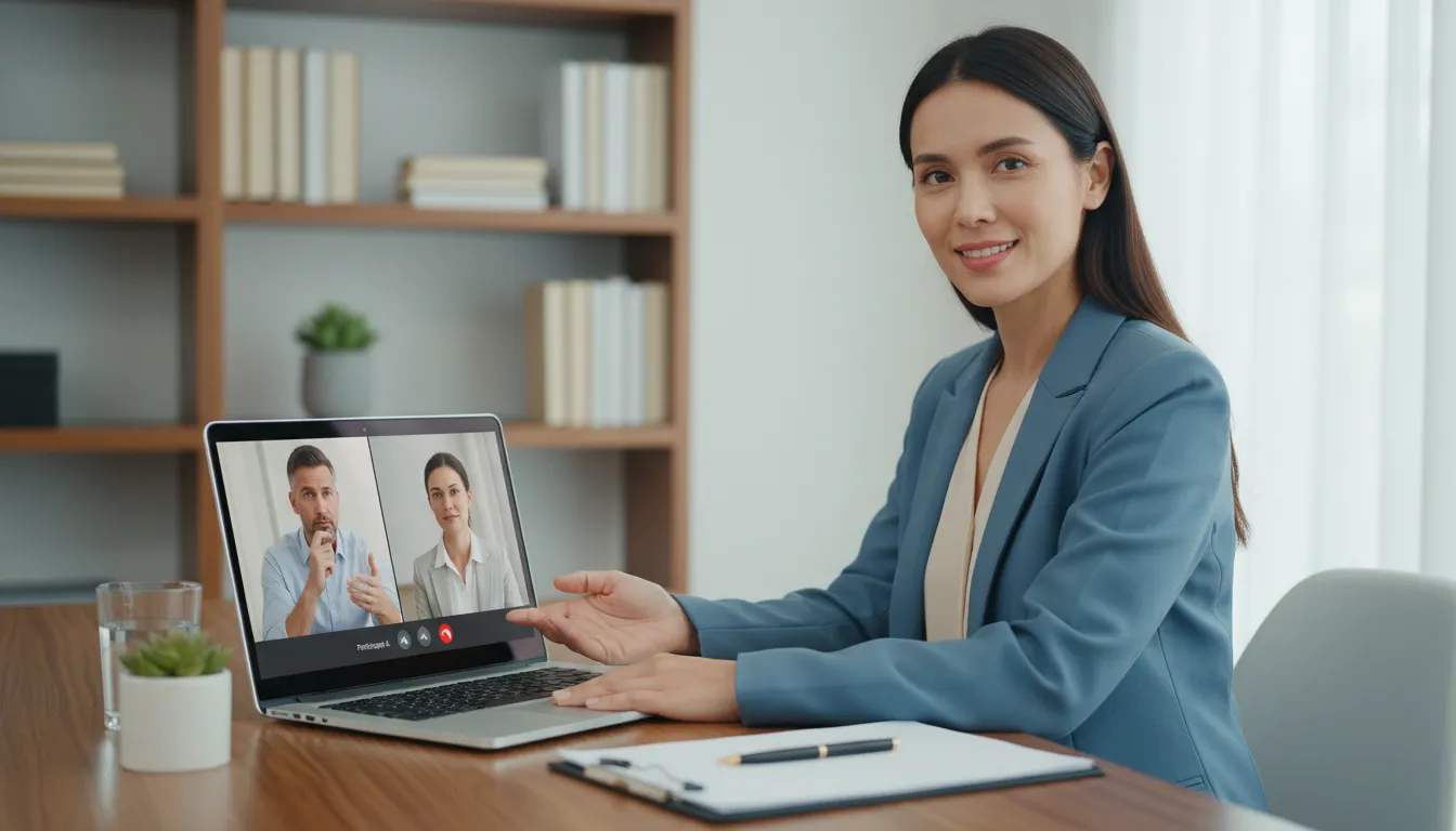 Mediação online sendo facilitada por assistente social, promovendo diálogo entre partes