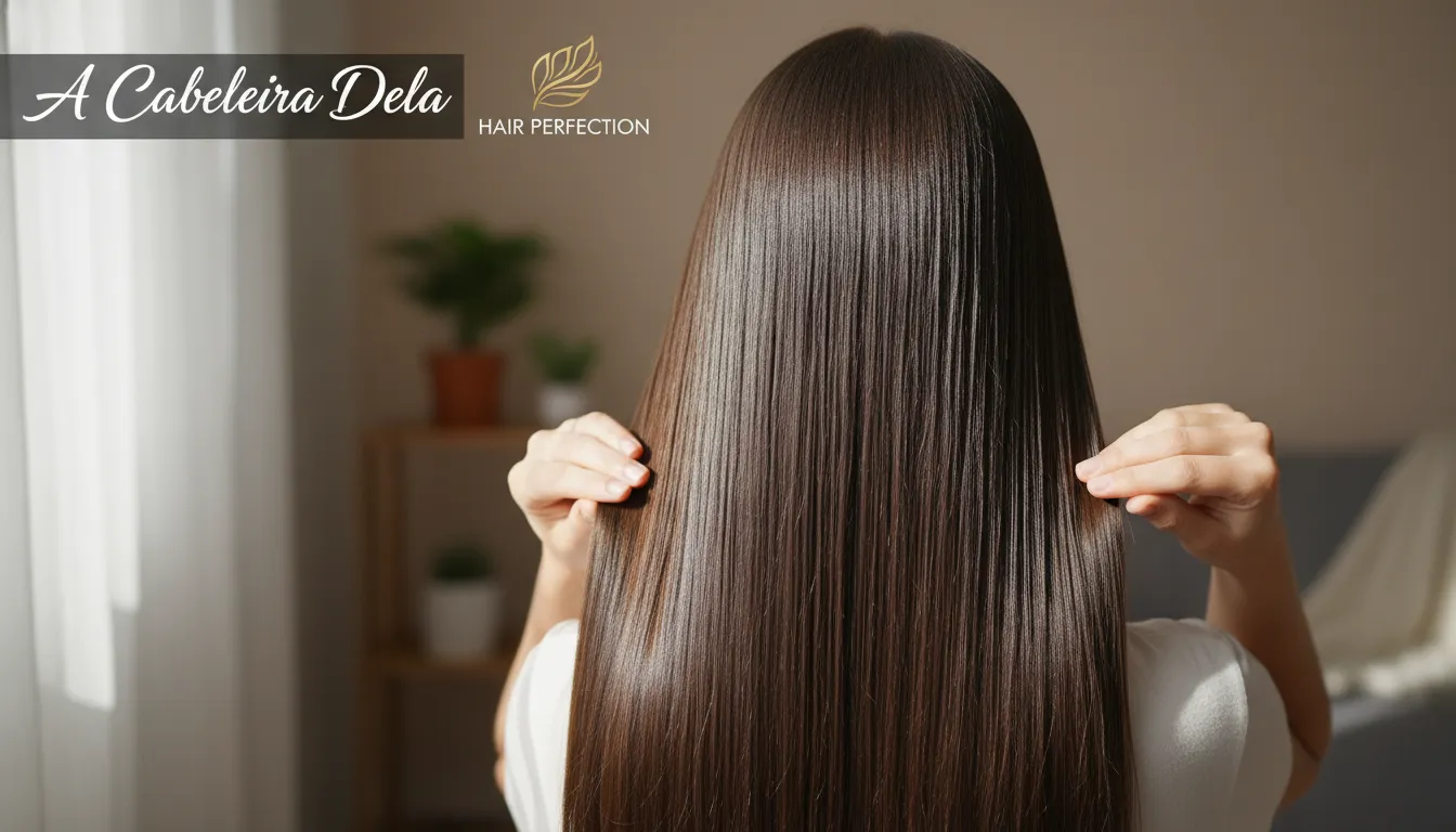 Mulher com cabelo liso aplicando sérum finalizador para brilho e controle de frizz. Perfeito para finalizadores para cabelo.
