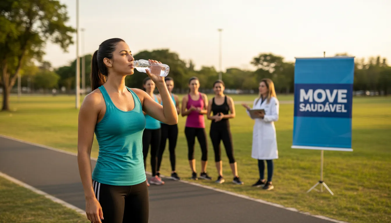 Uma mulher bebendo água com roupa de ginástica, ao fundo um nutricionista dando dicas. Perfeito para o artigo sobre creatina para iniciantes.
