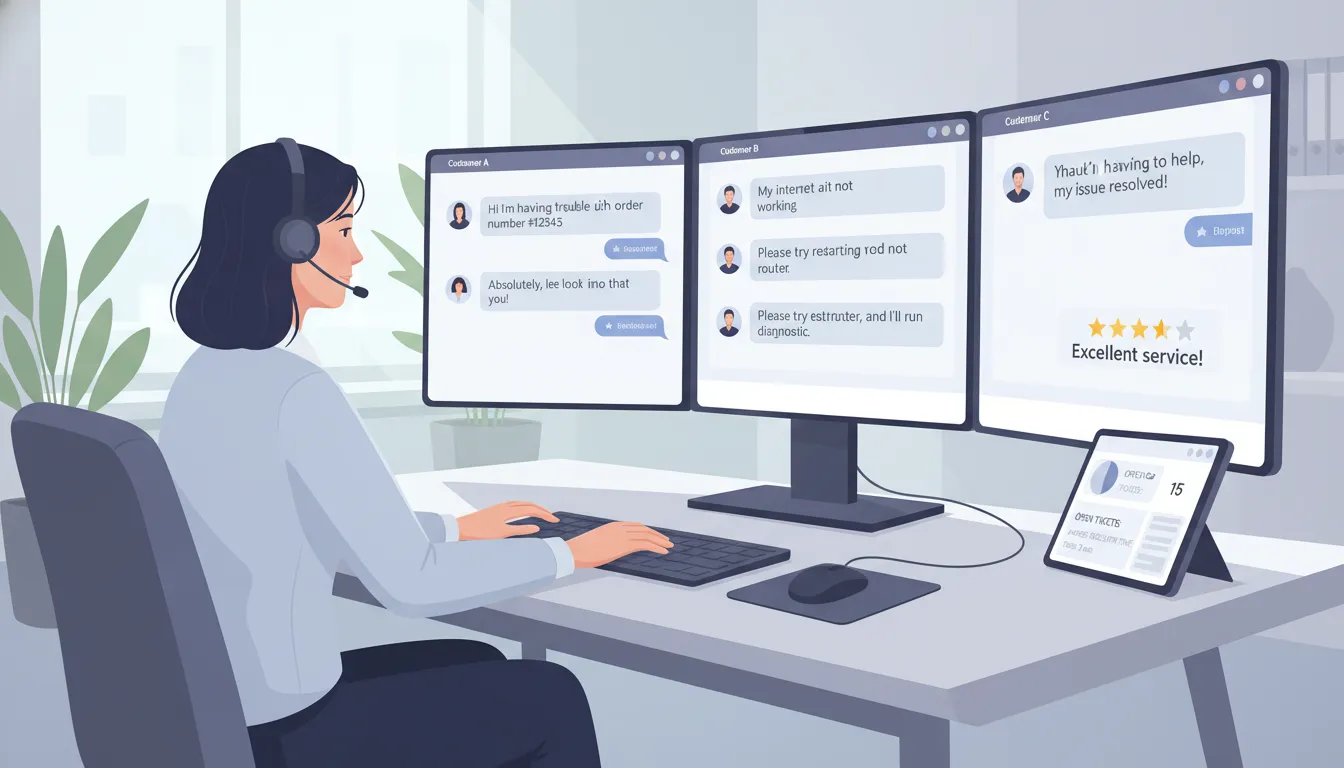 Atendente interagindo com clientes em chats nas redes sociais, recebendo feedback em tempo real