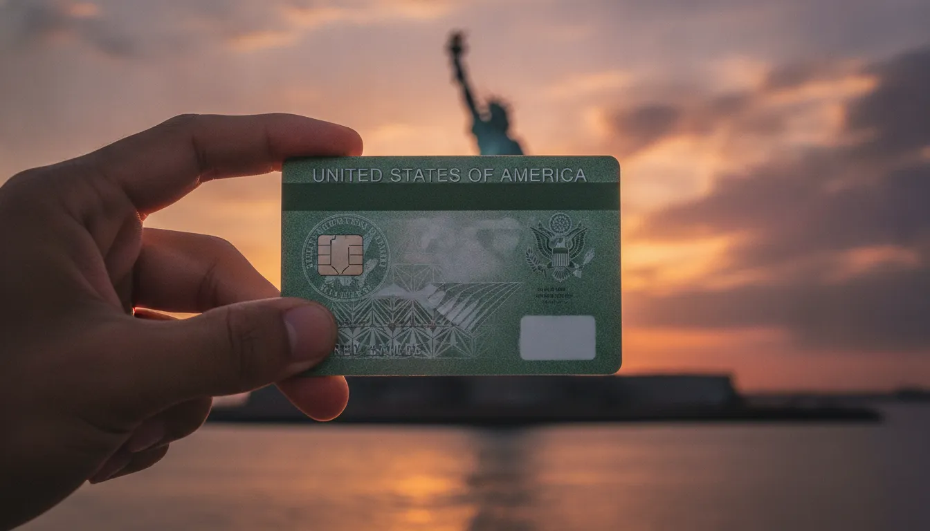 Mão segura green card EUA com Estátua da Liberdade ao fundo, simbolizando liberdade e novas oportunidades.