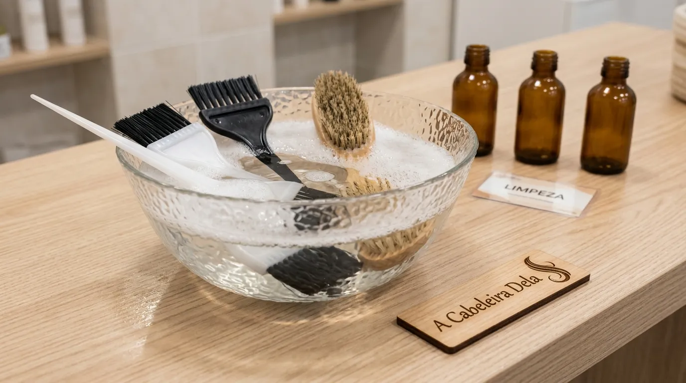 Pincéis e escovas de molho em água morna com sabão para limpar escova de cabelo.