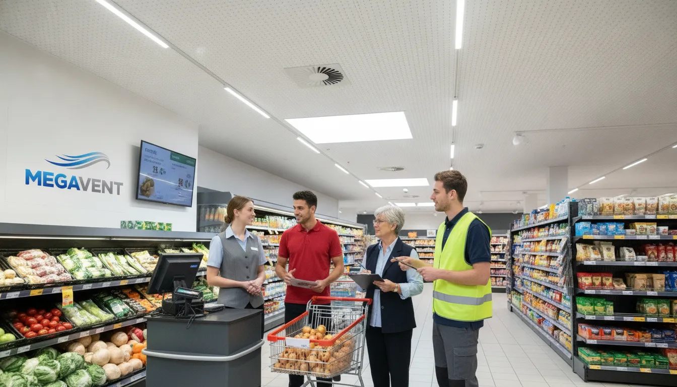 Equipe de supermercado trabalhando confortavelmente em ambiente com ventilação otimizada, garantindo bem-estar e produtividade.