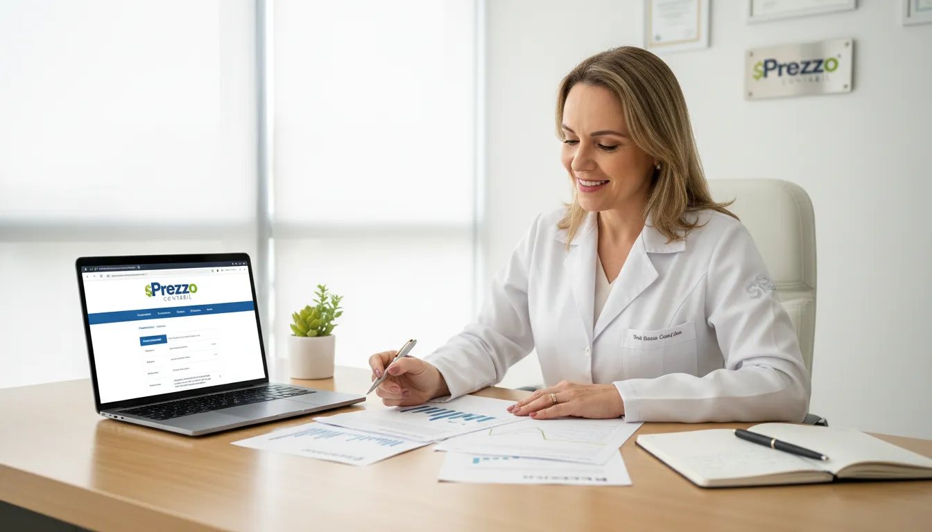 Um profissional médico revisando documentos financeiros com um laptop mostrando o site da Prezzo Contábil, simbolizando a solução de Contabilidade para Médicos em Santa Catarina.
