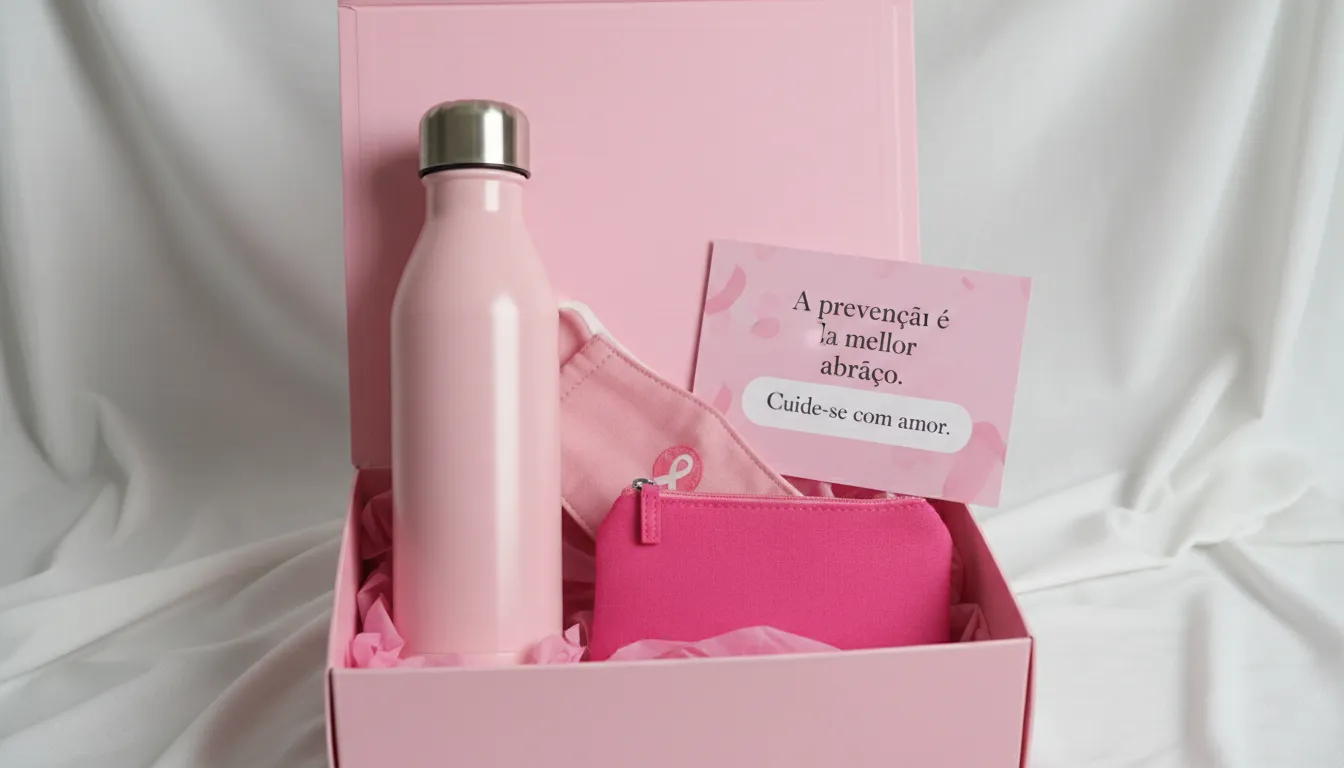 Kit de brindes Outubro Rosa com squeeze, máscara, nécessaire e cartão motivacional em tons de rosa