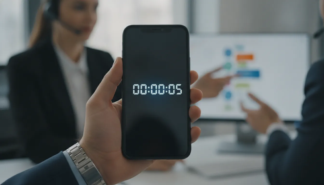 Relógio digital em smartphone mostrando 5 segundos, simbolizando a velocidade atendimento crucial.