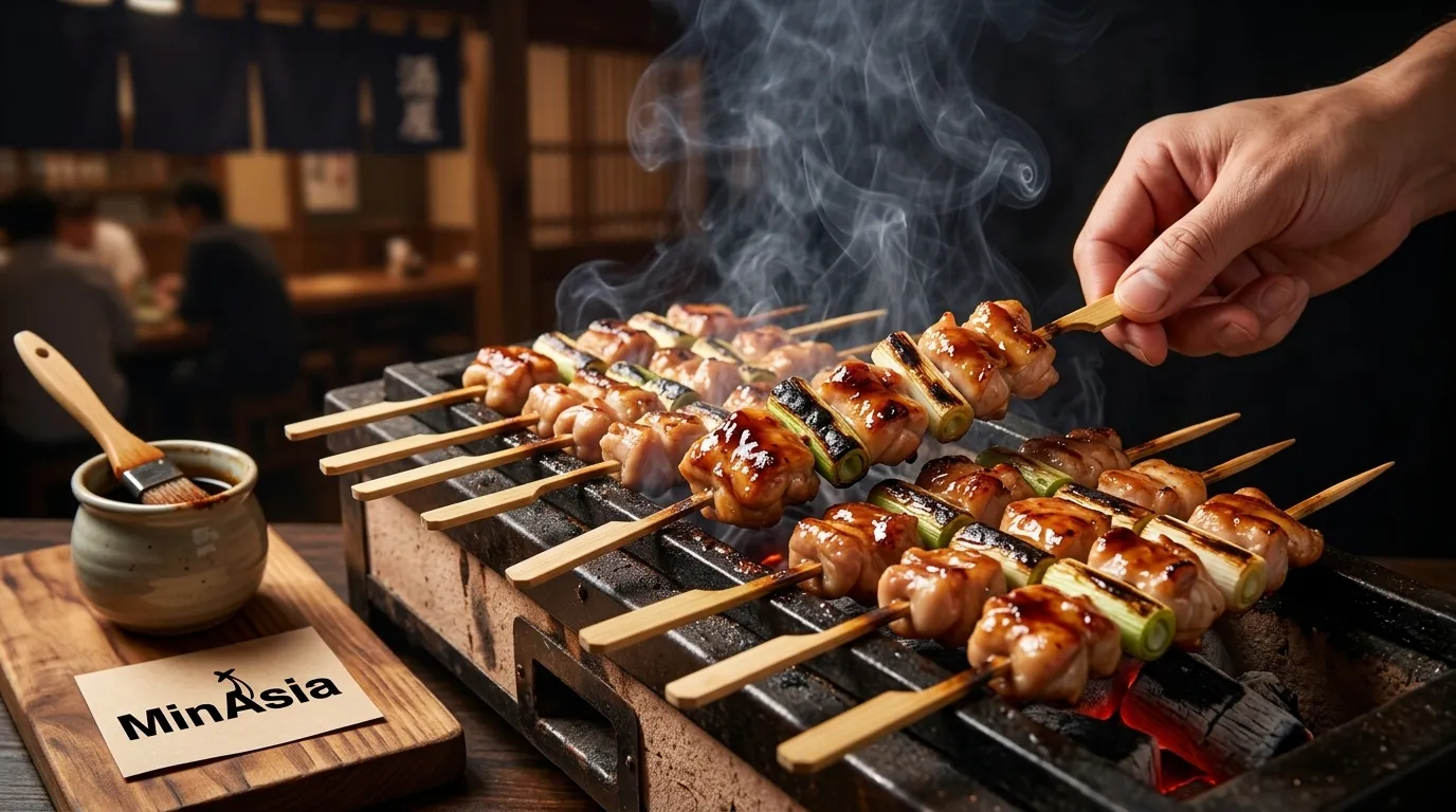 Espetinhos de yakitori grelhados, saborosa comida típica japonesa preparada na brasa.