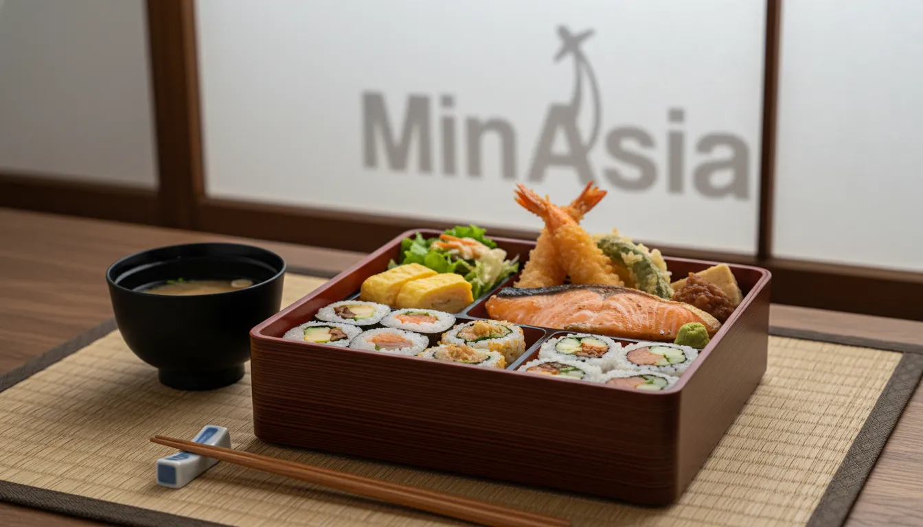 Viagem para o Japão: Caixa de bento japonesa realista com sushi, tempura e salmão grelhado, detalhe apetitoso.