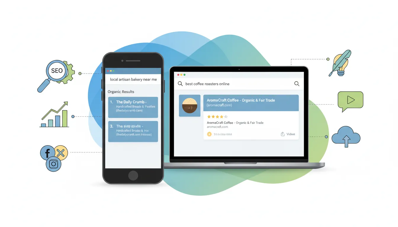 Laptop e smartphone mostrando resultados de busca orgânica, com ícones de SEO e compartilhamento nas redes sociais