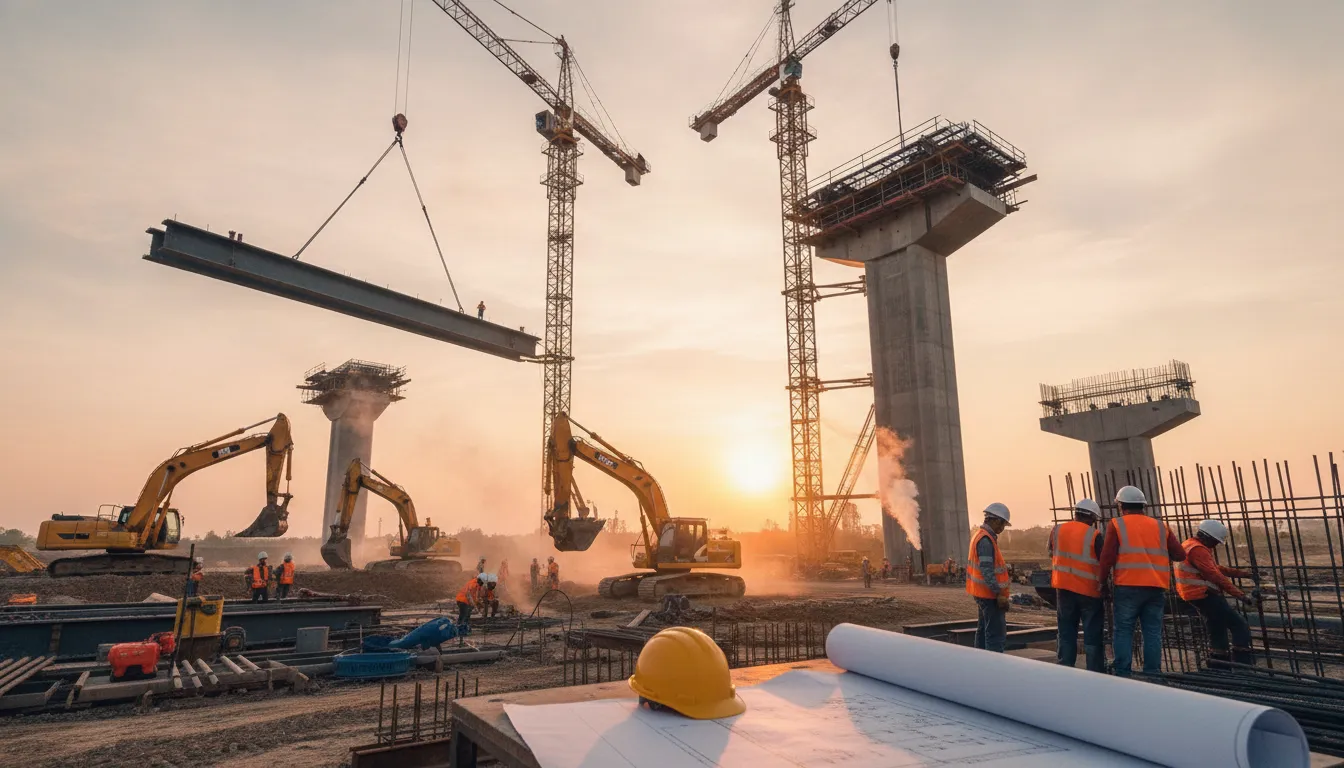 Canteiro obras infraestrutura mostra expansão via crédito para empresa de engenharia e capacidade.