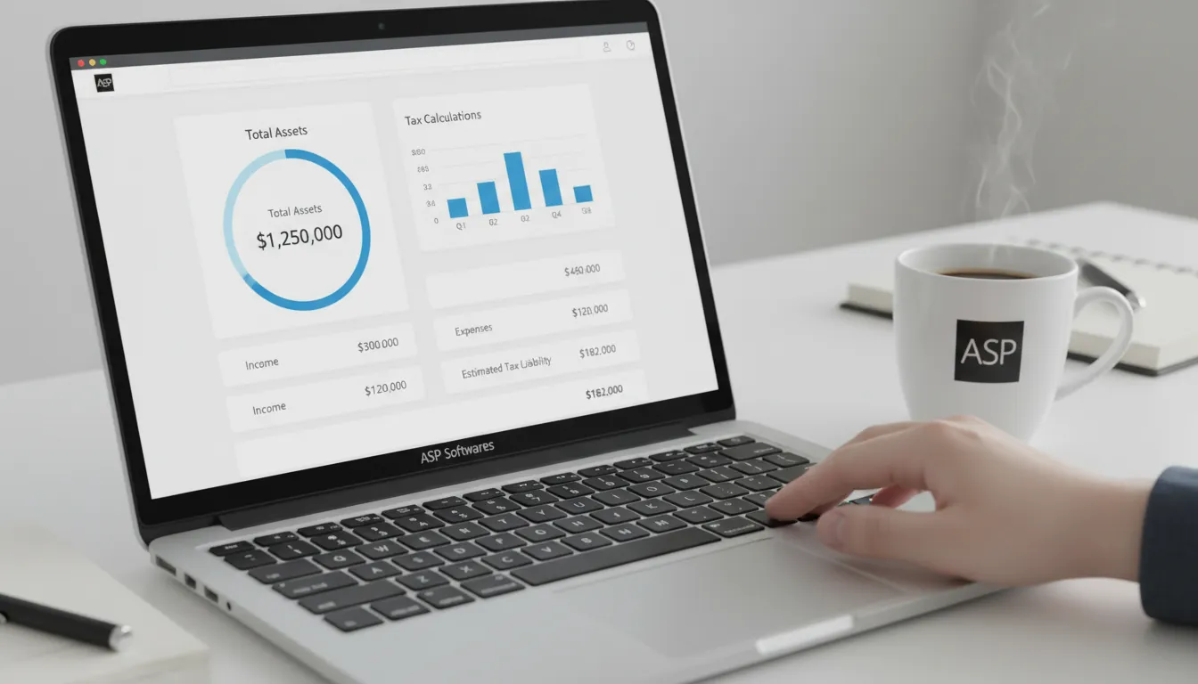 Detalhe da tela de um laptop mostrando dashboard financeiro e cálculos de impostos, com o logo da ASP Softwares, representando a tabela simples nacional 2026.
