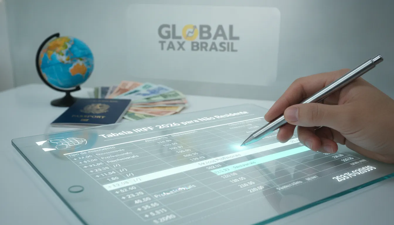 Mão interage com tablet exibindo tabela IRRF não residente 2026, com dados fiscais e moedas ao fundo.