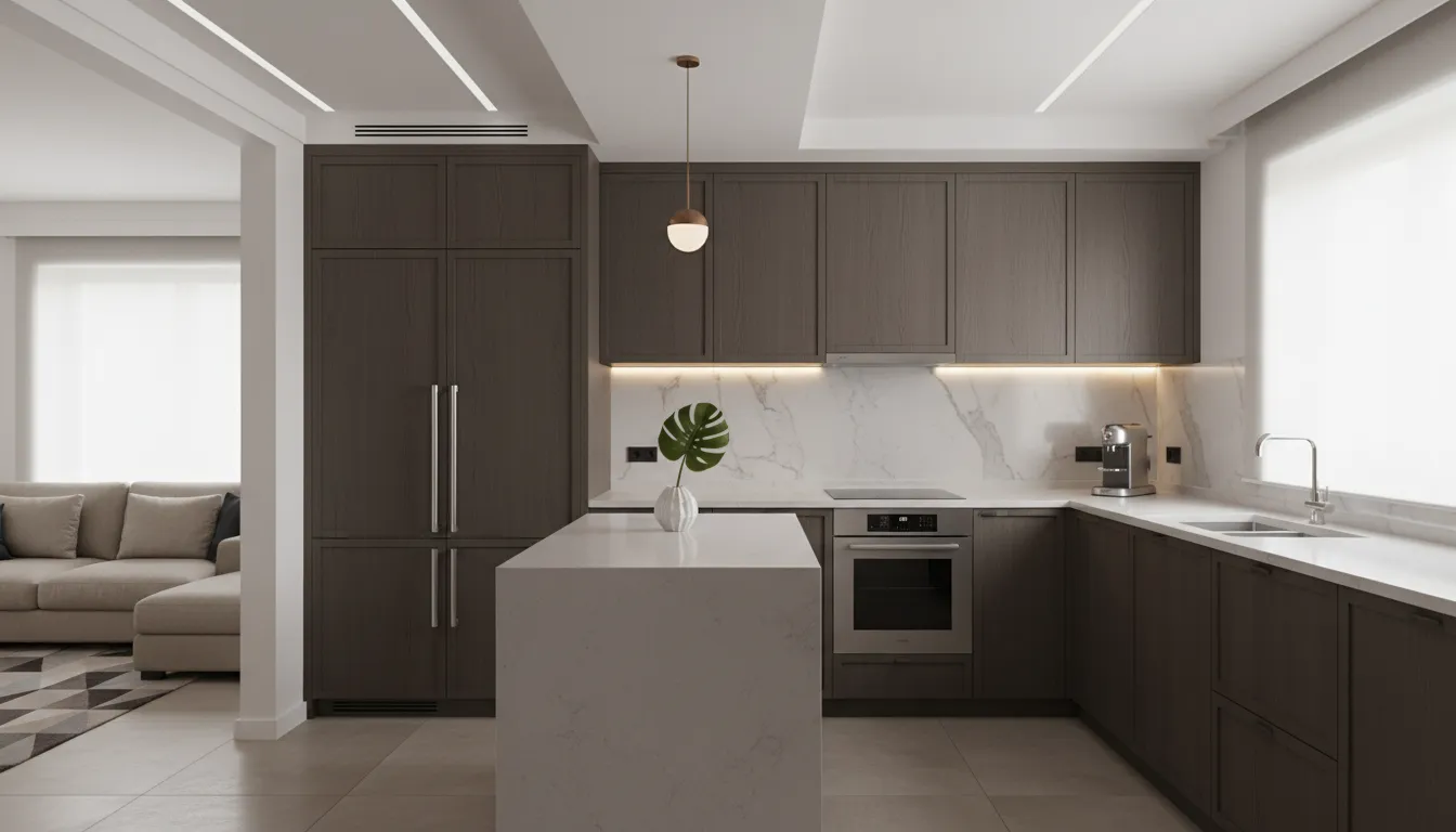 Cozinha compacta planejada com armários sob medida, iluminação embutida e integração de ambientes modernos.