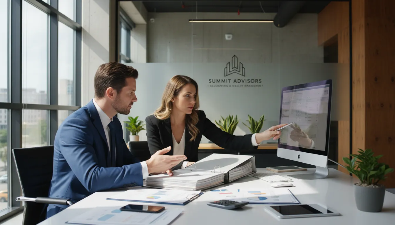 Homem consultando contador sobre IPVA em escritório moderno, com documentos à mostra