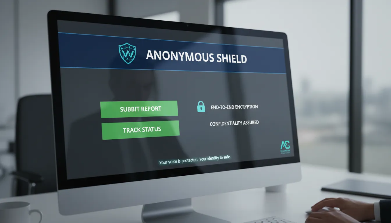 Interface de plataforma digital confidencial para denúncias anônimas em ambiente de trabalho, sugerindo segurança e confiança.