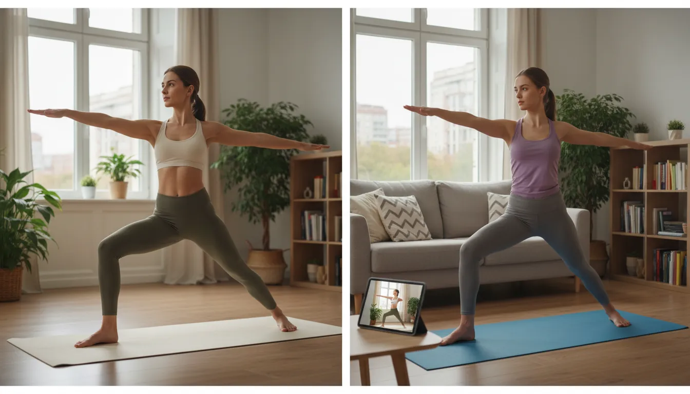 Instrutor conduzindo aula de yoga online, com aluna seguindo em casa através da tela.