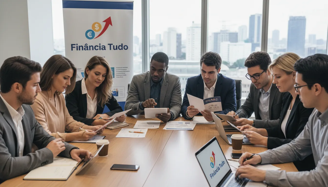 Afiliados de diferentes perfis colaborando em estratégia de divulgação de produtos financeiros.