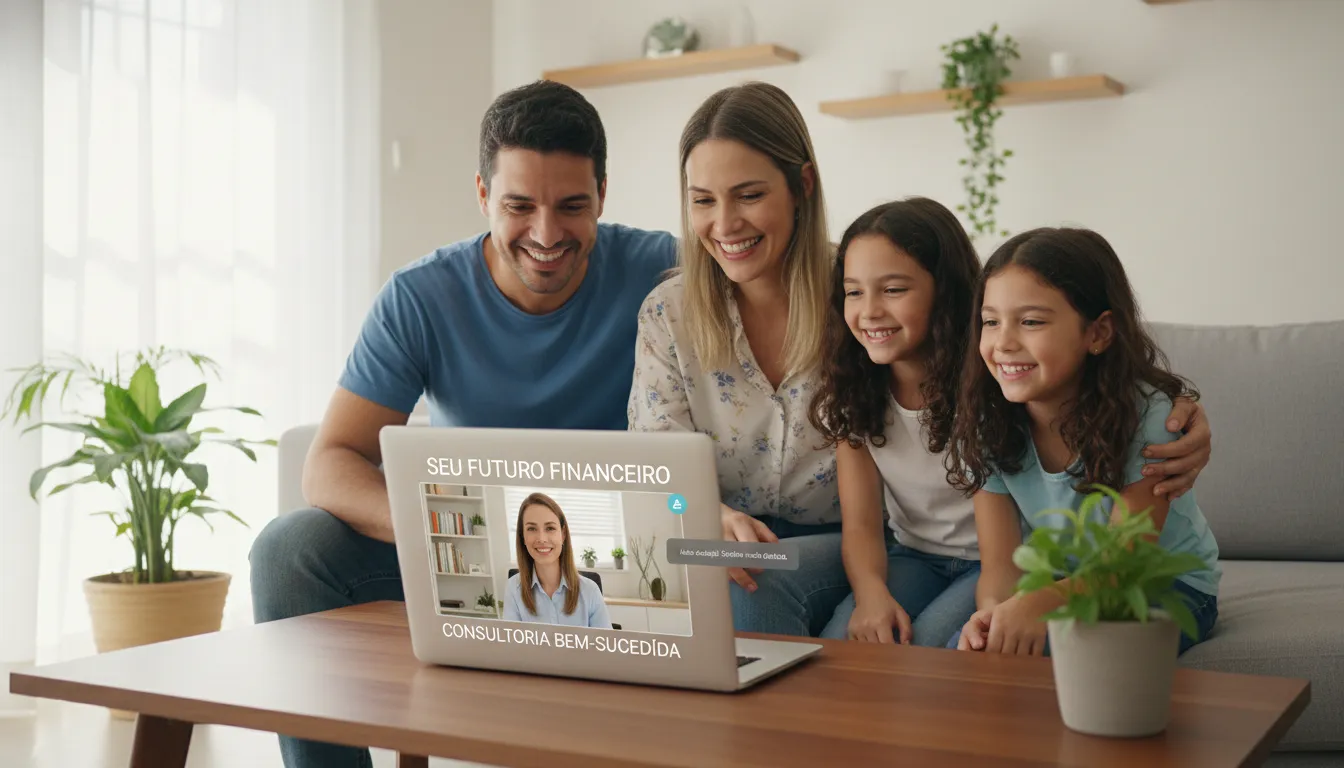 Família brasileira recebendo orientação de consultor financeiro on-line, demonstrando confiança e tranquilidade