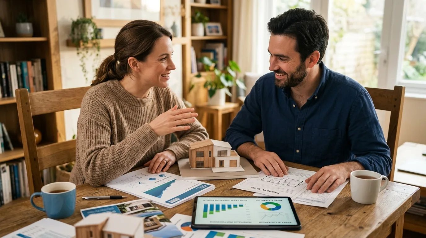 Casal planejando finanças e entendendo como calcular meu patrimônio imobiliário e investimentos.