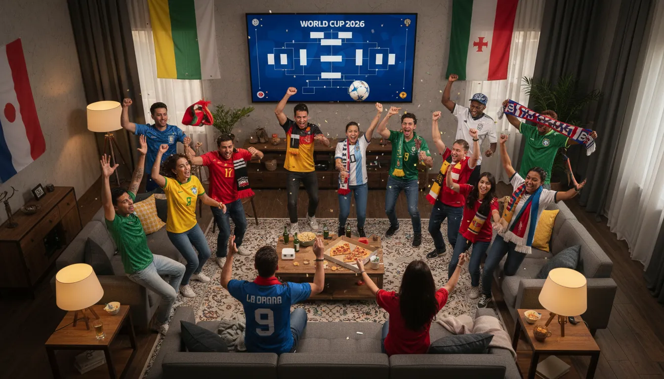 Sala de estar vibrante com a tabela copa do mundo 2026 exibida, torcedores diversos e atmosfera festiva.