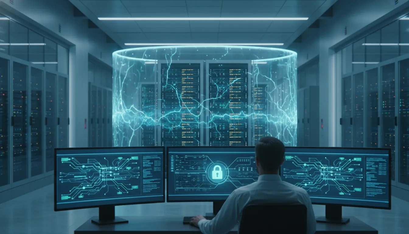 Profissional de TI em um data center seguro, protegido contra vazamentos e as temidas multas LGPD.