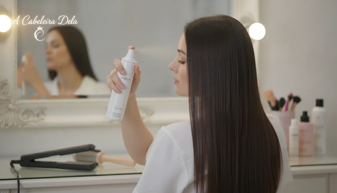 Mulher aplicando protetor térmico no cabelo, um dos cuidados diários importantes para a saúde capilar.