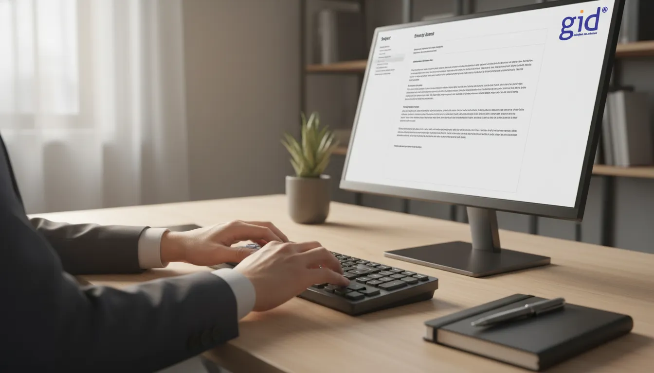 Mãos digitando email profissional exemplo em teclado, tela exibe e-mail bem estruturado e formatado.