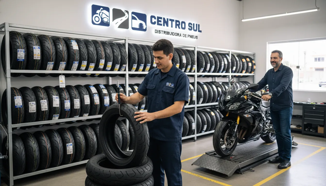 Mecânico especializado da Centro Sul inspecionando um pneu moto 110/80-17, demonstrando serviço e seleção.