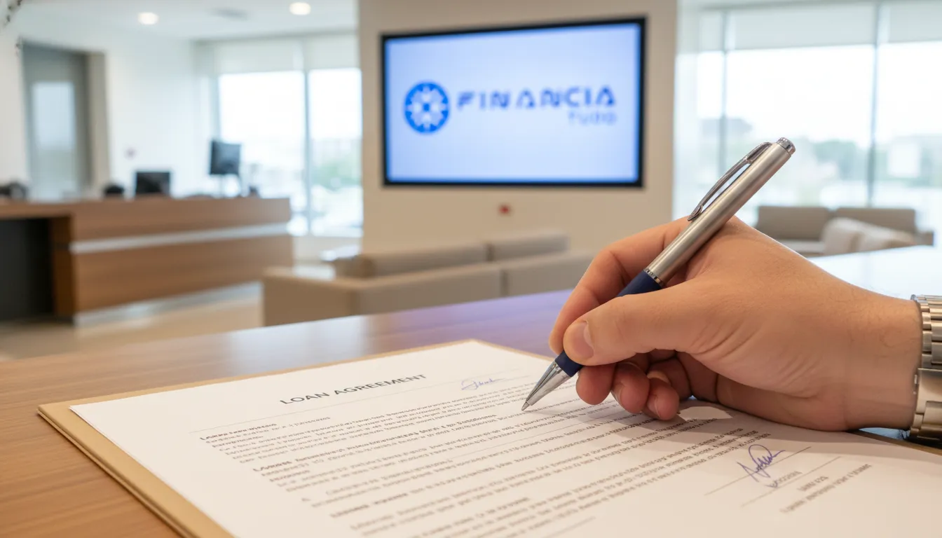 Close de mão assinando contrato de crédito facilitado pela Financia Tudo, a melhor opção para altos valores e segurança.