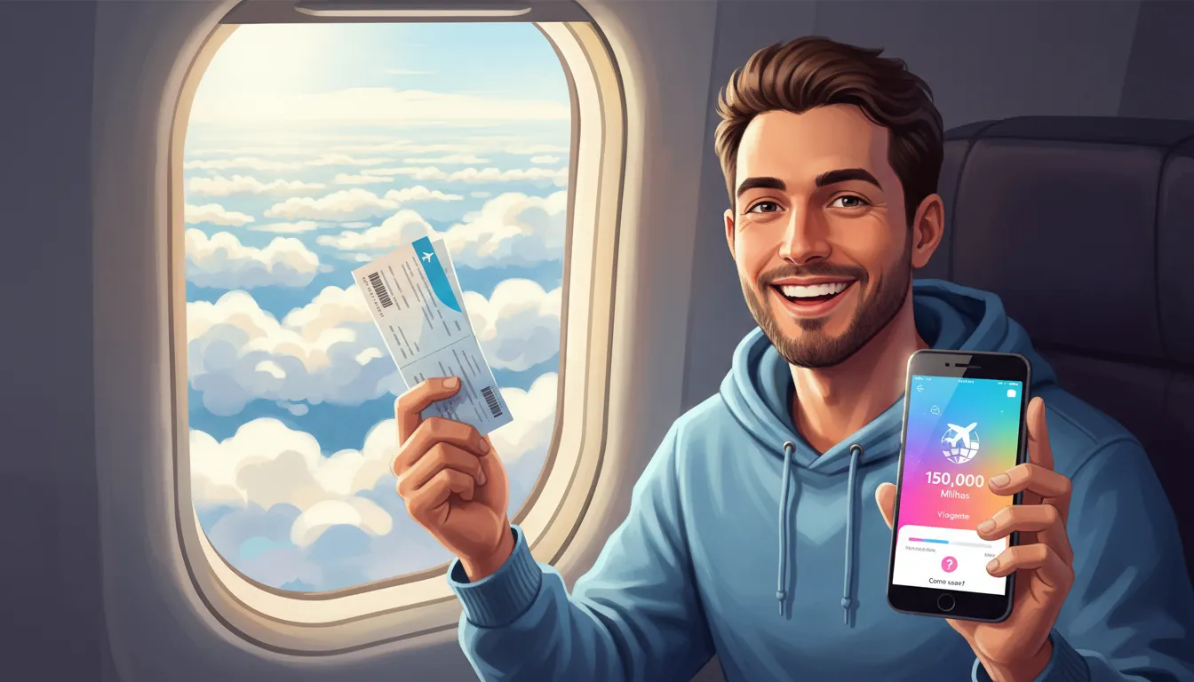 Visão da janela de um avião com um homem sorrindo e usando um app no celular para aprender como usar milhas na Viagente.