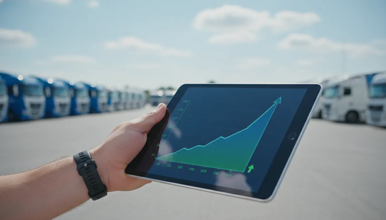 Mão segurando tablet com gráficos financeiros, frota de caminhão em garantia empresa ao fundo.