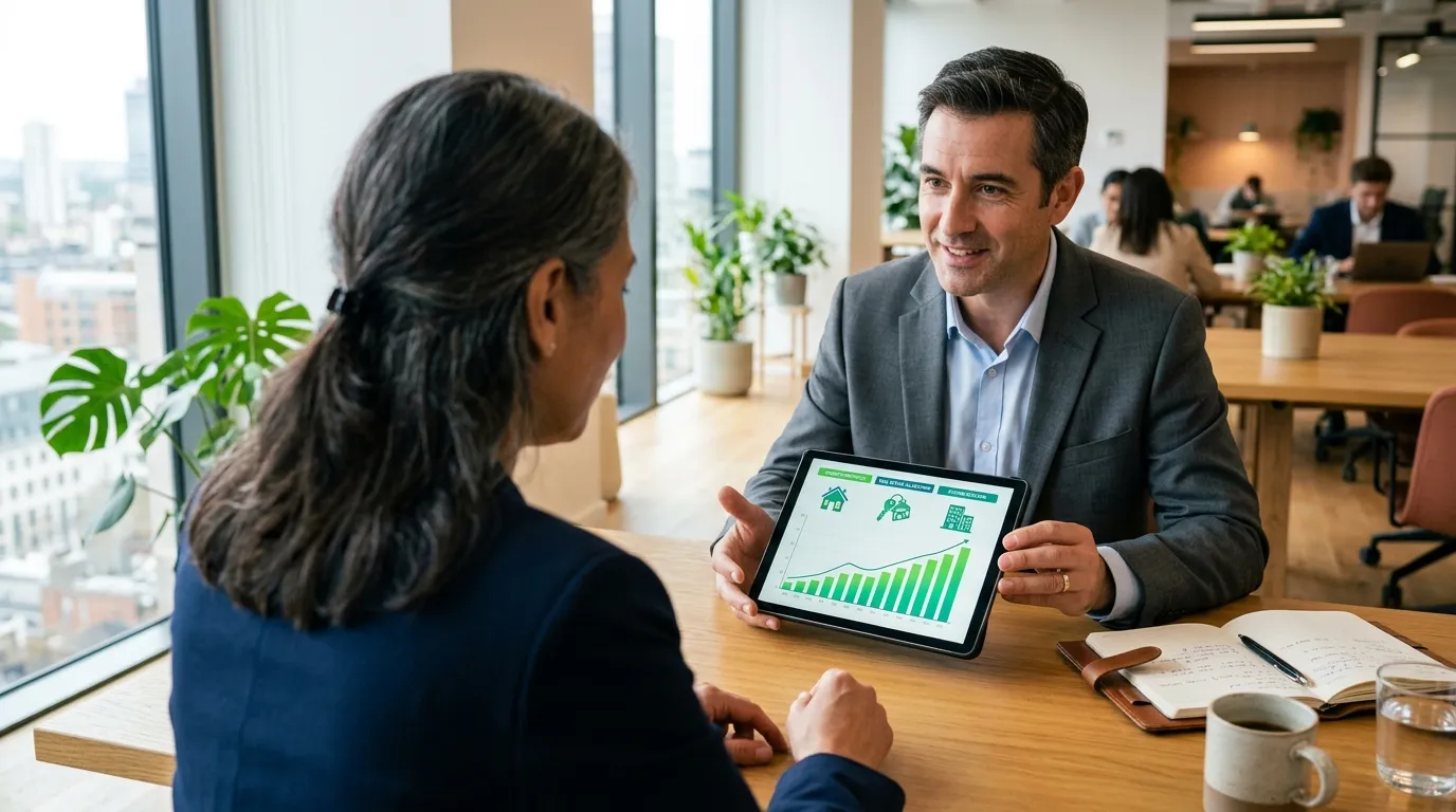 Consultoria financeira explicando vantagens de usar imóvel quitado como garantia de empréstimo.