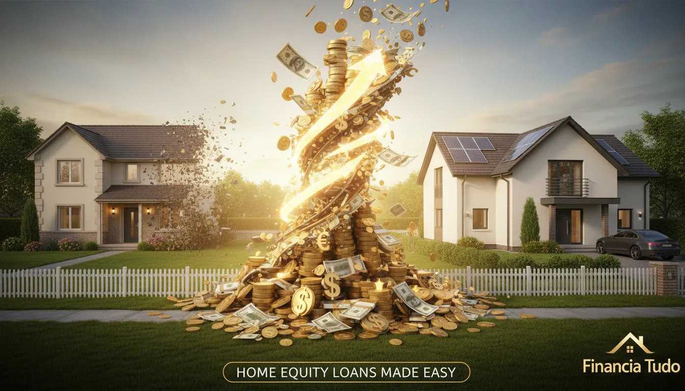 Ilustração da transformação de uma casa em dinheiro e vice-versa, representando o processo de crédito com garantia de imóvel da Financia Tudo.