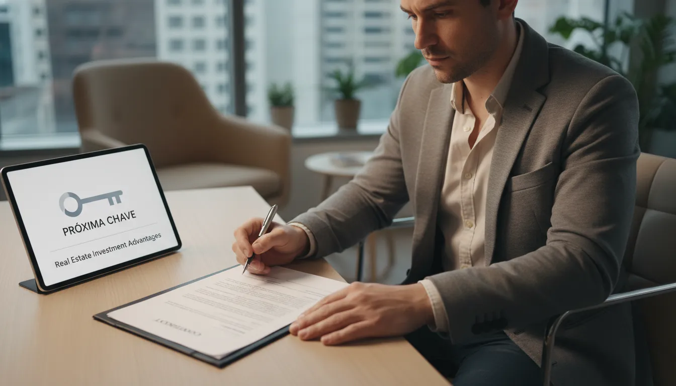 Pessoa atenta revisa um (contrato de exclusividade imobiliária) da Próxima Chave, ponderando a decisão para um negócio seguro.