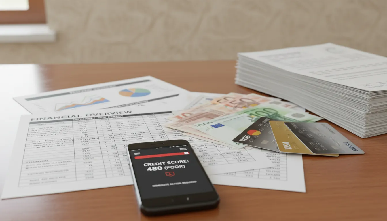 Mesa com documentos financeiros, cartão de crédito e celular mostrando score de crédito baixo.