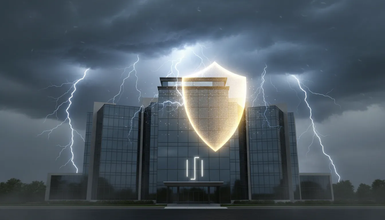 Ilustração de um escudo protegendo uma empresa de tempestades, simbolizando a proteção da assessoria jurídica trabalhista empresarial.