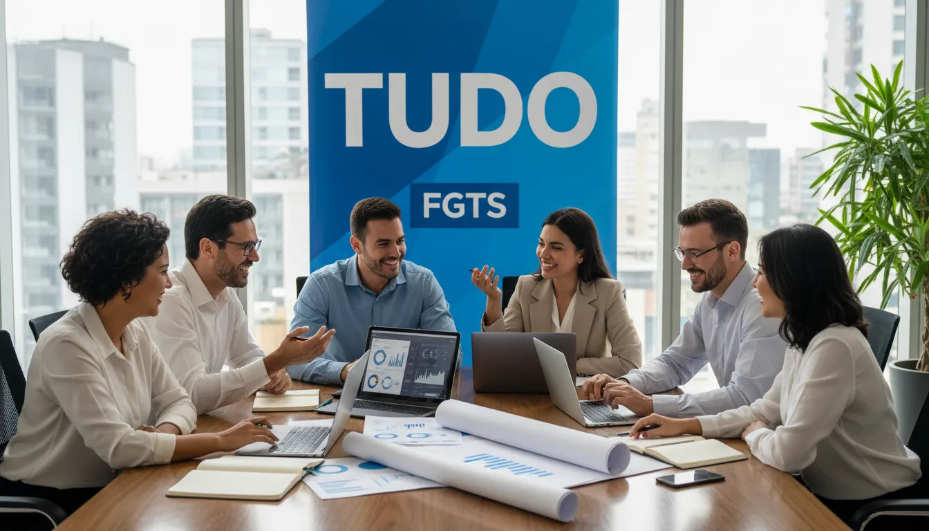 Um grupo diverso de pessoas reunidas em torno de uma mesa, discutindo estratégias financeiras, representando soluções acessíveis para fgts financiamento com Financia Tudo.