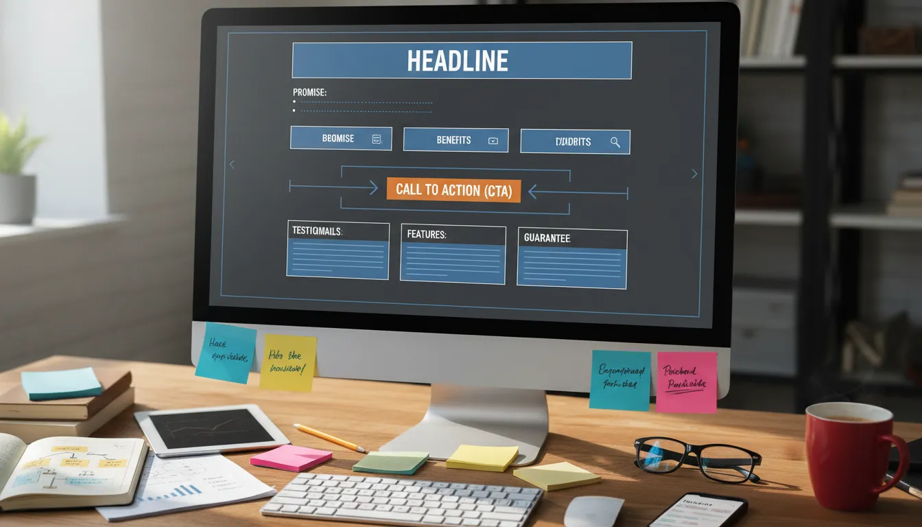 Estrutura Pronta de Página de Vendas para Infoprodutor em WordPress 1 Blueprint detalhado de página de vendas com seções essenciais exibido em computador moderno