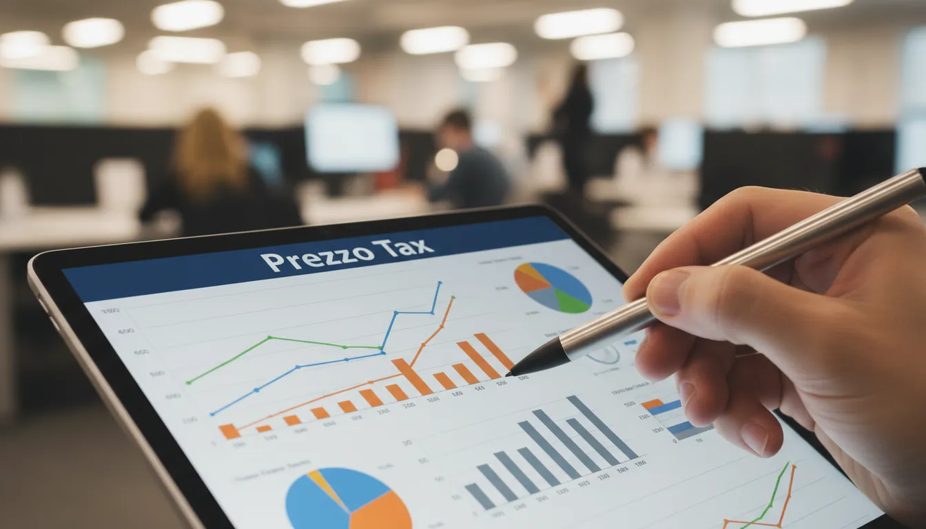 Gráficos financieros detallados en una tableta, representando asesoramiento fiscal. Aprende 'Como empezar una empresa en Orlando' con la guía de Prezzo Consulting.