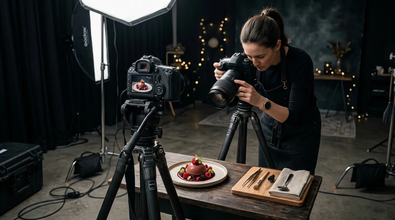 Bastidores de estúdio com câmera e iluminação aplicando dicas para foto de comida profissional.