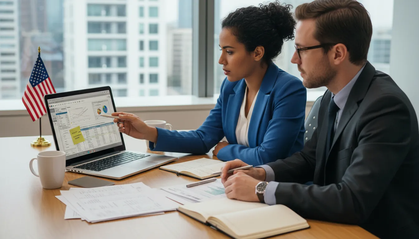 Profissionais brasileiros e americanos analisando softwares contábeis dos EUA em ambiente de trabalho colaborativo.
