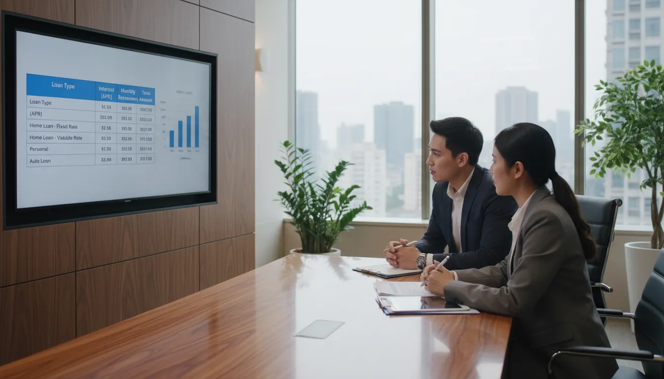 Casal recebe orientação bancária com tabelas sobre diferentes alternativas de crédito.