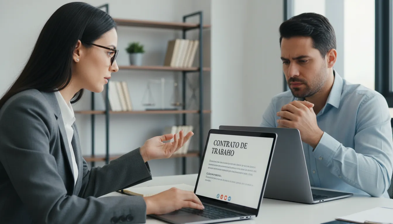 Advogada orienta cliente por videoconferência, revisando detalhes de rescisão trabalhista em ambiente digital.