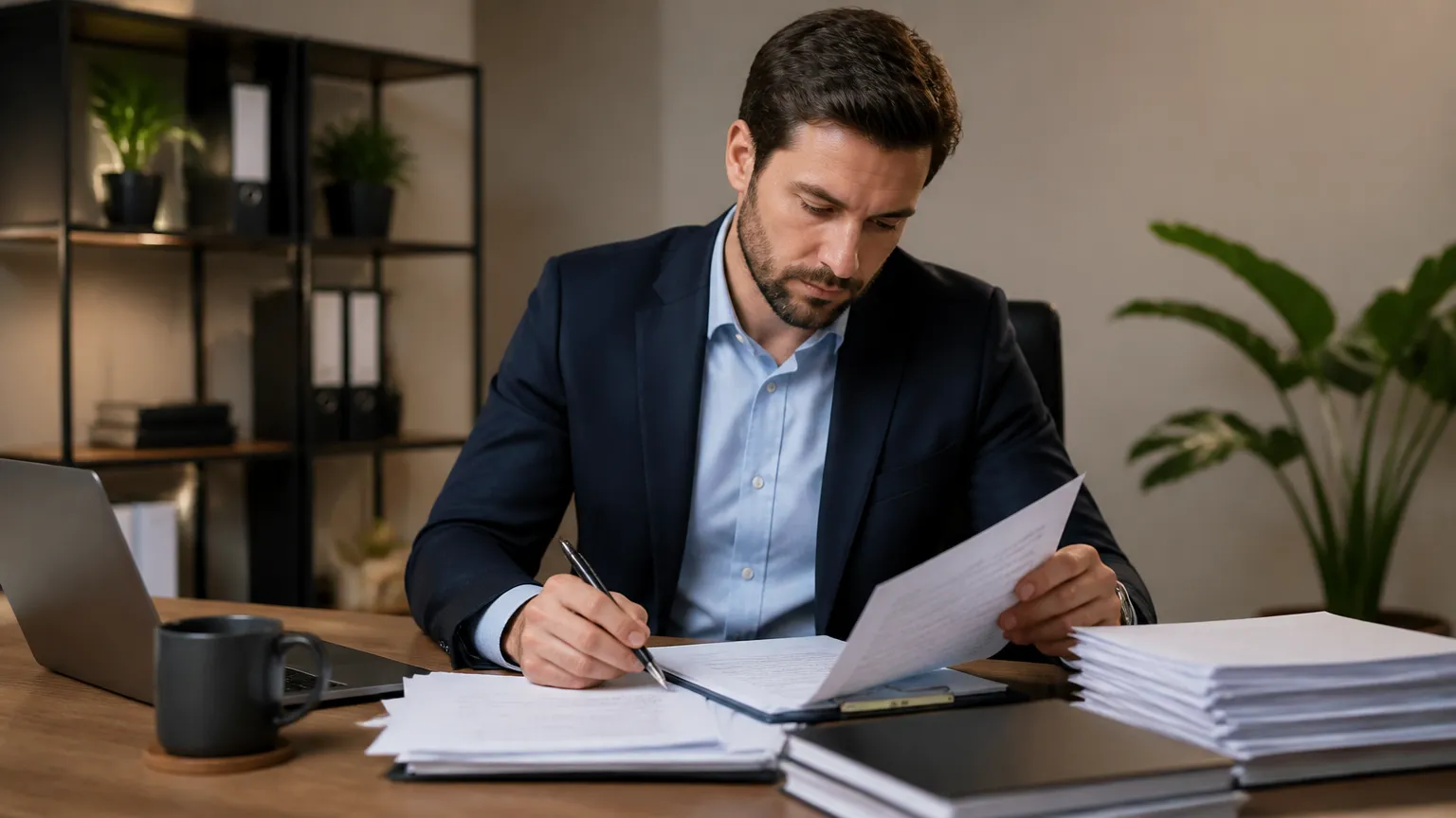 Empresário revisando documentos da transportadora para crédito veicular.