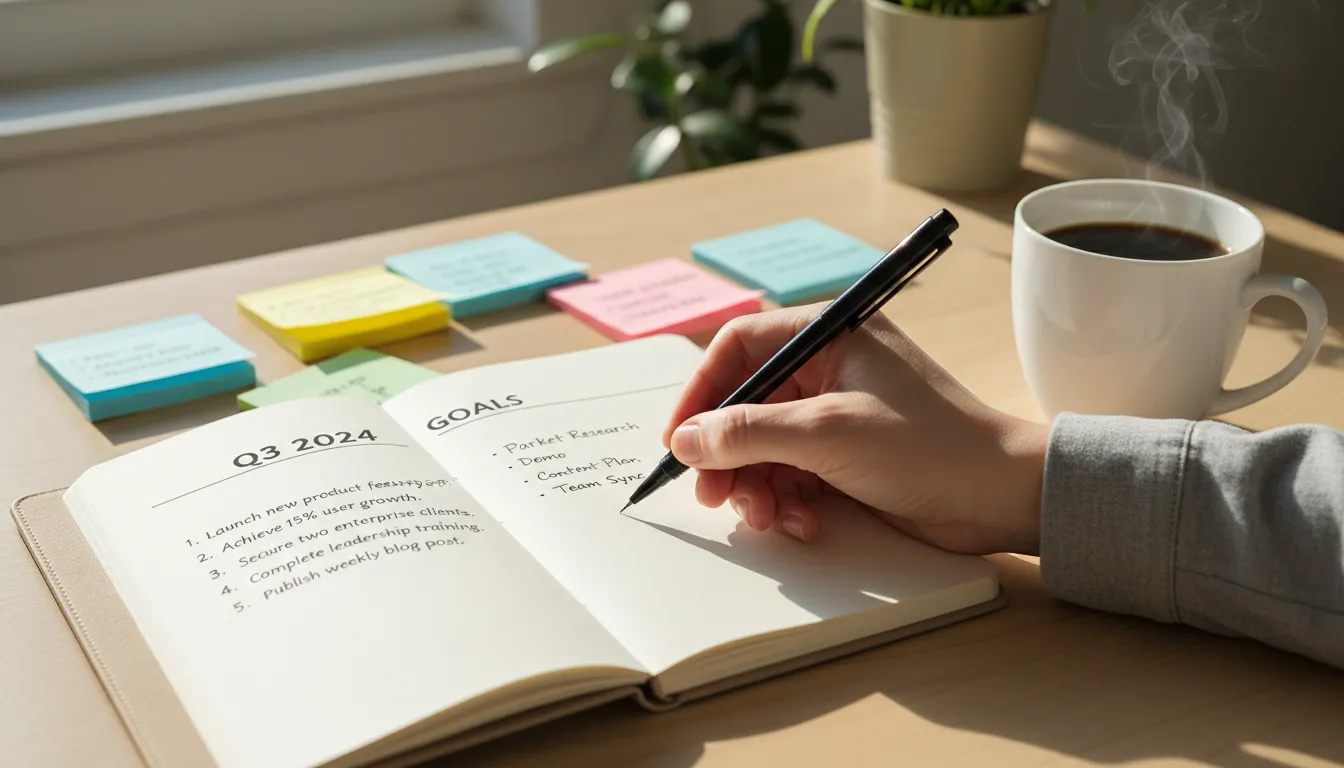 Mão anotando metas realistas em caderno, ilustrando organização e determinação para o novo ano.