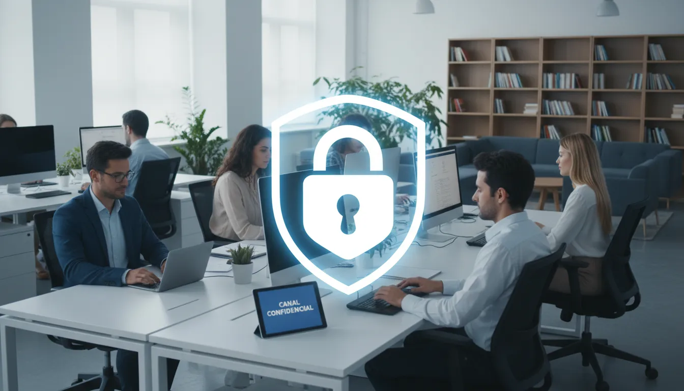 Ambiente profissional tranquilo com um canal de linha ética anônimo, garantindo confiança e segurança dos dados.